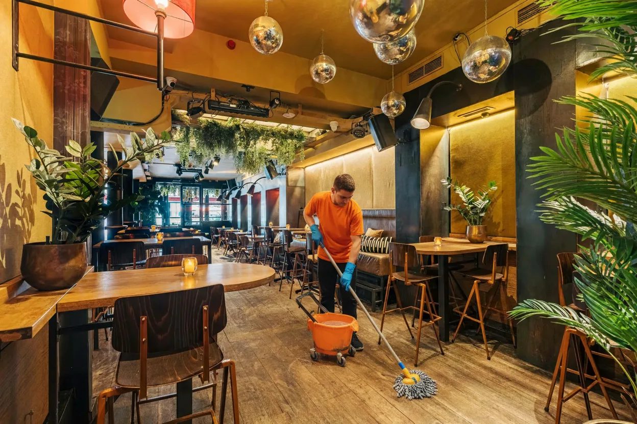 Medewerker dweilt de vloer van een bar na sluitingstijd