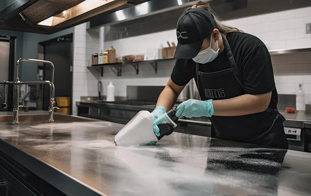Inox werkblad van een professionele keuken wordt grondig gereinigd