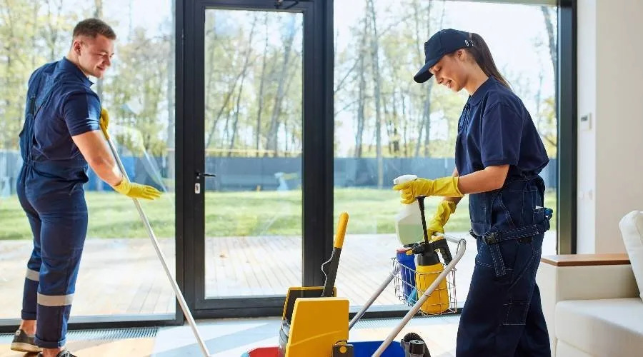 Twee schoonmakers verzorgen de eindschoonmaak van een lege woning